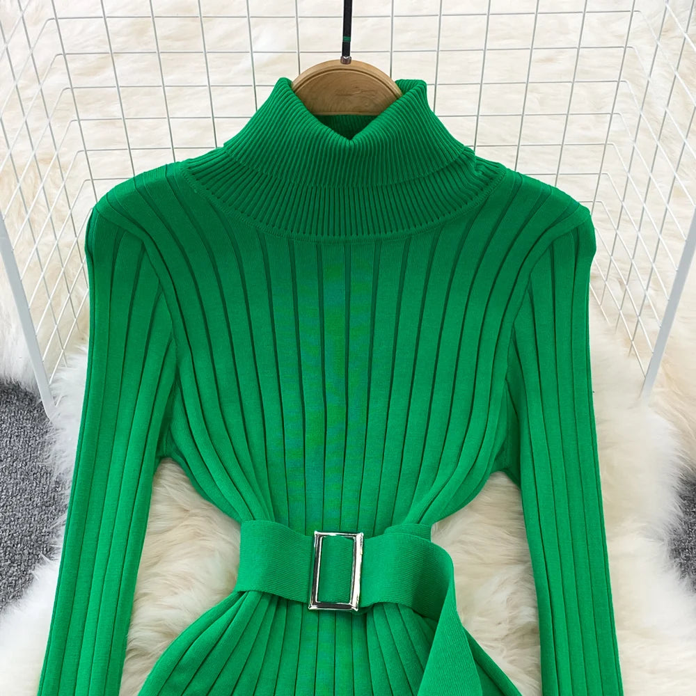Chic Elegant Turtleneck Long Sleeve Bodycon Dress with Belt Sexy Fashion Knit Vestido Slim Autumn Winter Pencil Sweater Robe