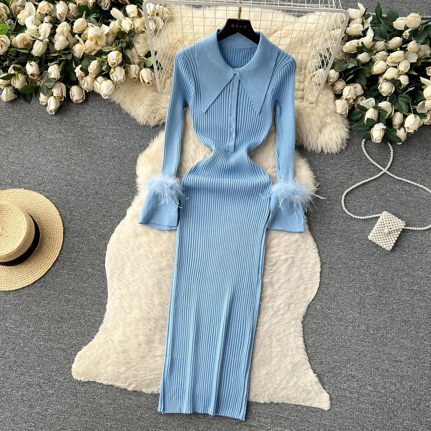 Elegant Turn-down Collar Feather Long Sleeve Knit Bodycon Pencil Dress Slim Fashion Sweater Vestido Sexy Women Winter Clothing