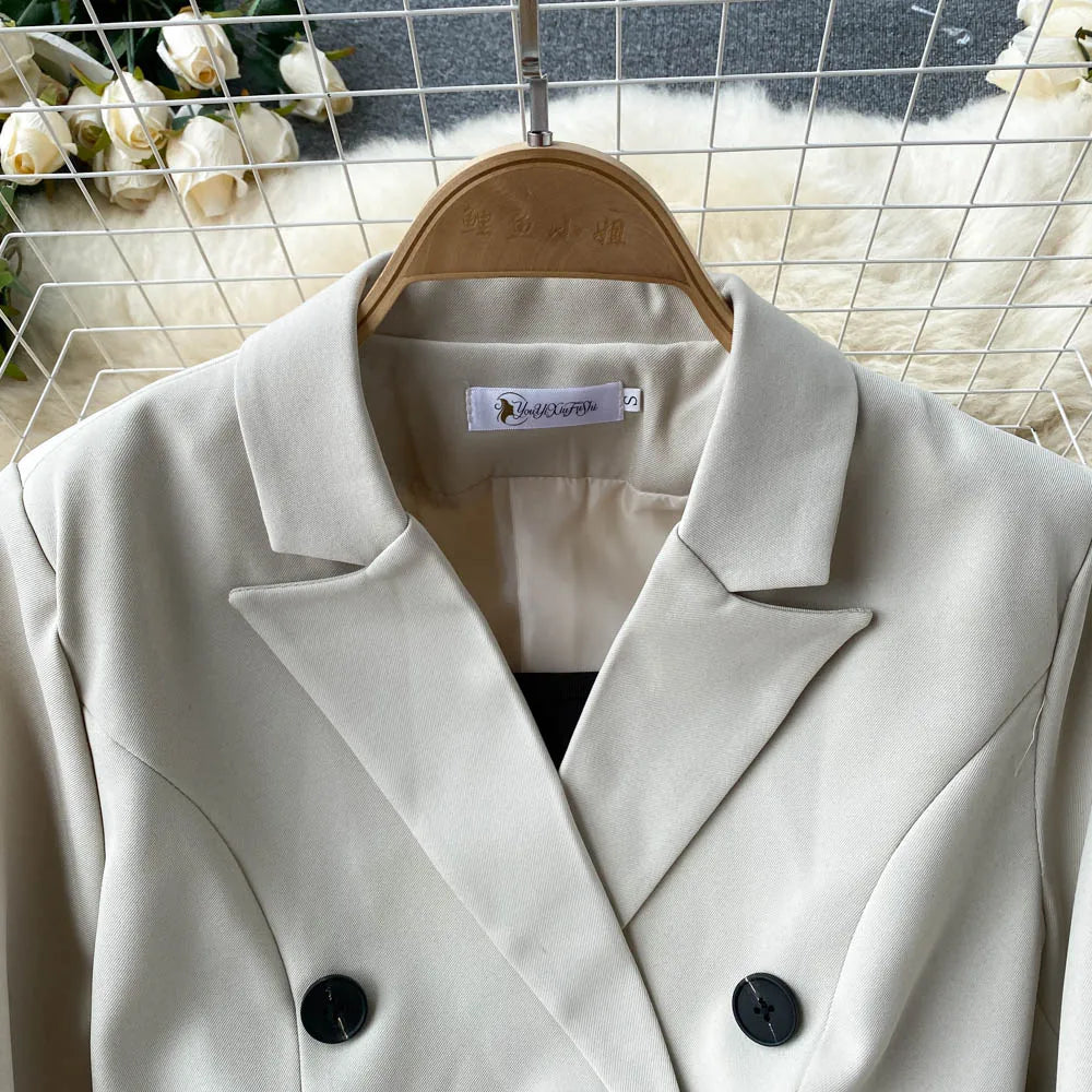 French Style Elegant Two Piece Sets Women Double Breasted Blazer Jacket + Mesh A-line Long Dress Fashion Korean Outfits