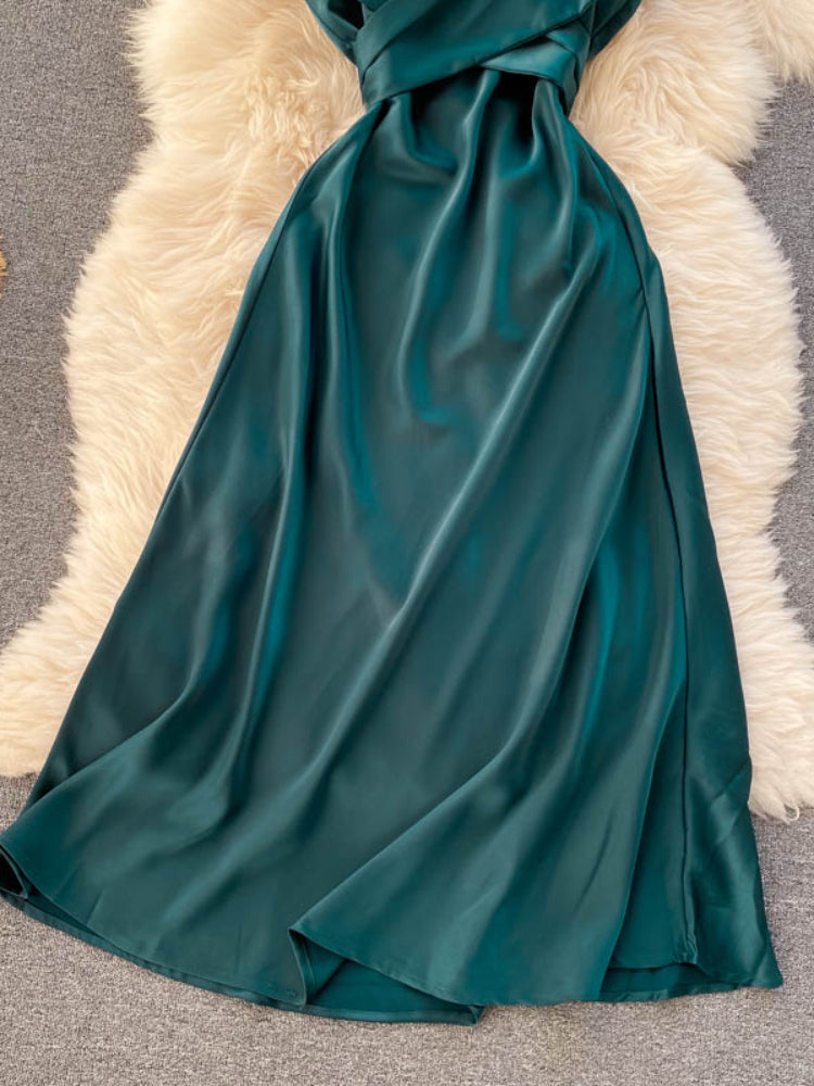 New Women Casual Long Dress Summer Cross V-neck Sexy Off-shoulder Dresses Ladies Sleeveless Slim Satin Long Robe Vestidos