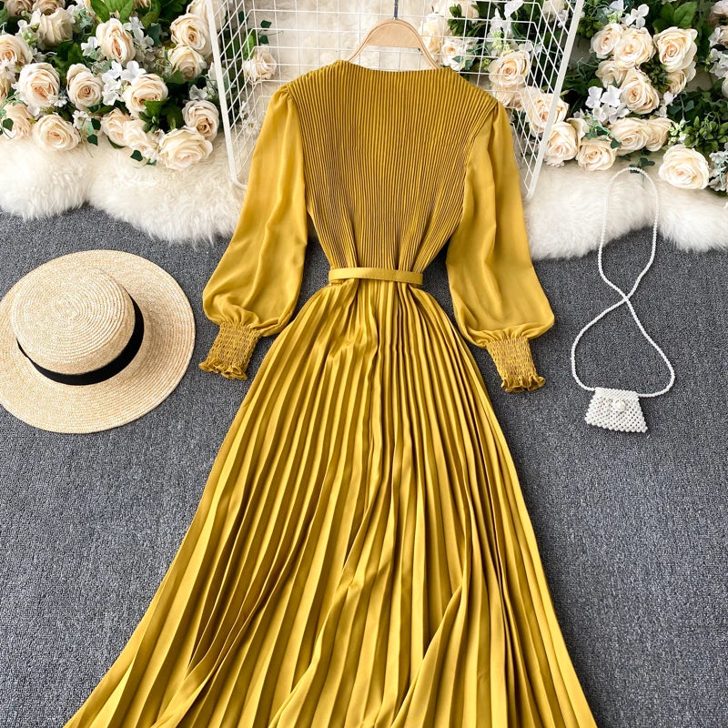 Chic Pleated Elegant Puff Sleeve Dress A-line Chiffon High Waist Belt Beach Vacation Party Dress Women Summer Spring Vestidos