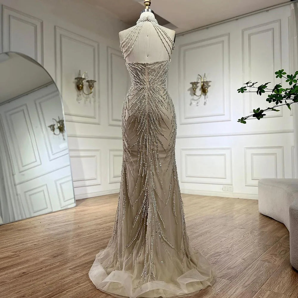 Serene Hill 2024 Arabic Nude Halter Neck Mermaid Pearls Beaded Luxury Dubai Evening Gown for Women's Party LA72696