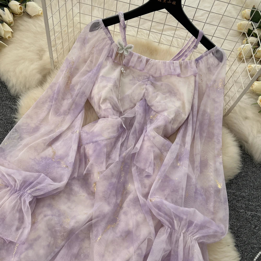 Elegant Bright Silk Print Party Dress for Women Casual Off Shoulder Spaghetti Strap Flare Sleeve Slim Waist Vestidos A-Line Robe