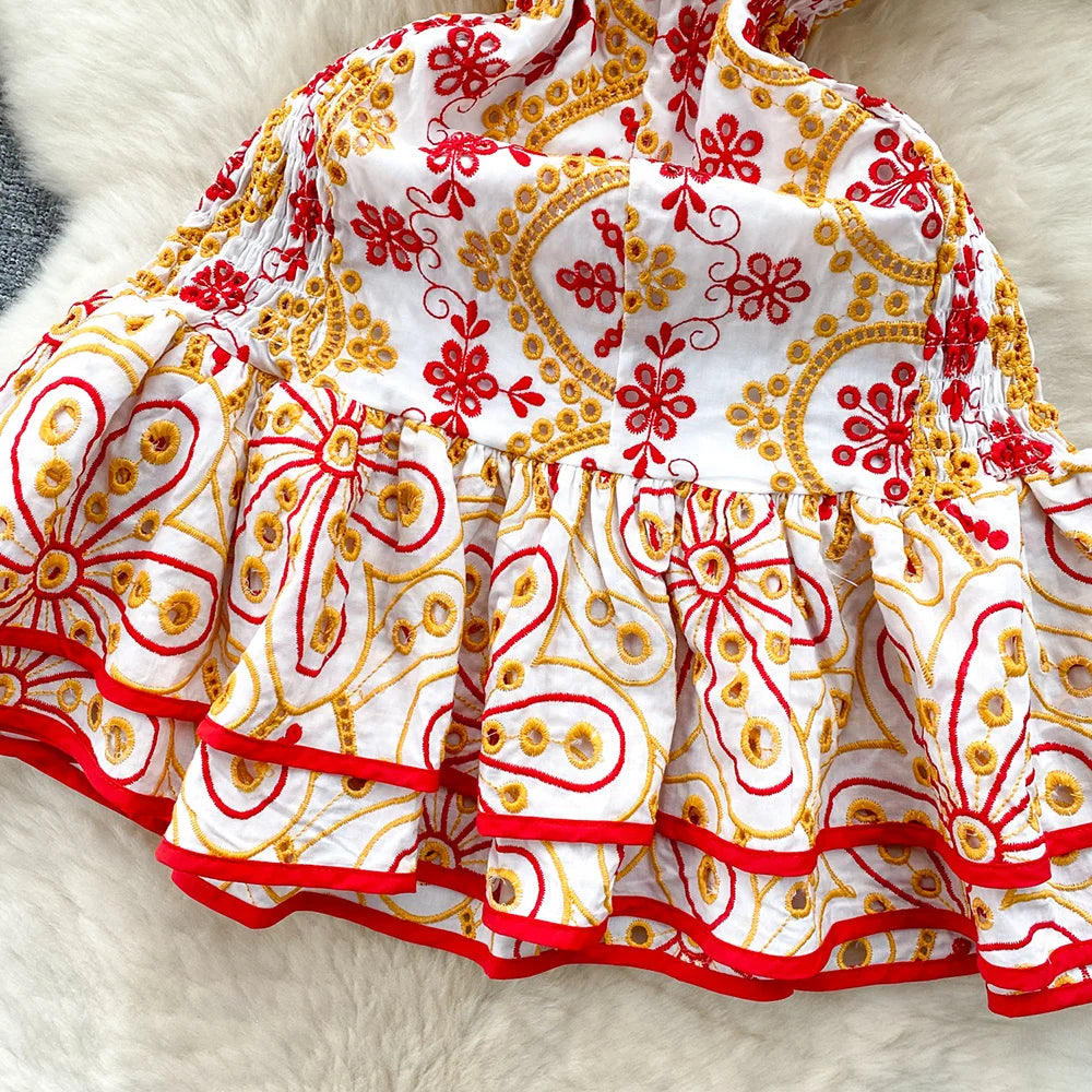 Vacation Beach Dress Women Summer Ruffle Hem Vintage Cutwork Embroidery Dress Front Lace Up Sexy Off Shoulder Mini Party Dress