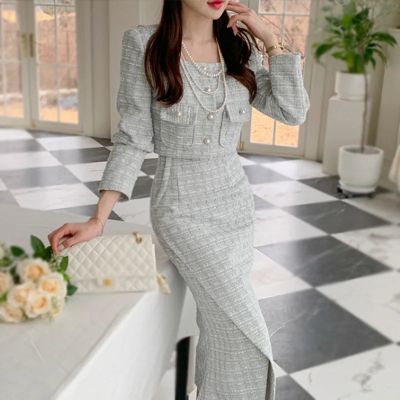 Vintage Tweed 2-piece Spring Autumn Women’s Elegant Two Pieces Set Pearl Buckle Cropped Coats+Pencil Skirt Small Fragrant Suits
