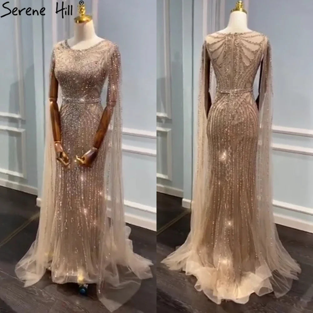 Serene Hill Brown Mermaid Elegant 2024 With Cape Sleeves Beaded Luxury Evening Dresses Gowns For Women Party LA70638