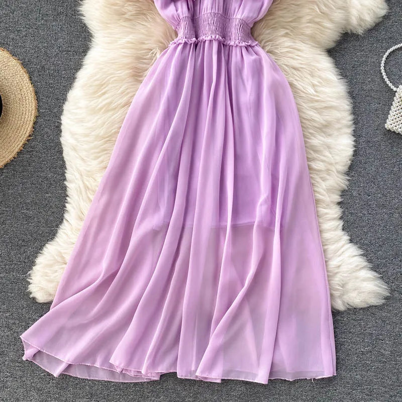 Women Chiffon Beach Dress Sexy Double Layer Ruffled Off The Shoulder Boho Dresses Ladies Sweet Slash Neck Long Dress