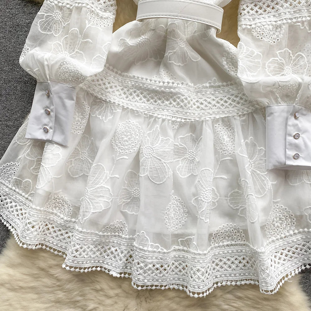 Spring Dresses 2024 Crochet Trim Cutwork Embroidery Mini Holiday Dress Women Stand Collar Long Sleeve Elegant Party Dresses