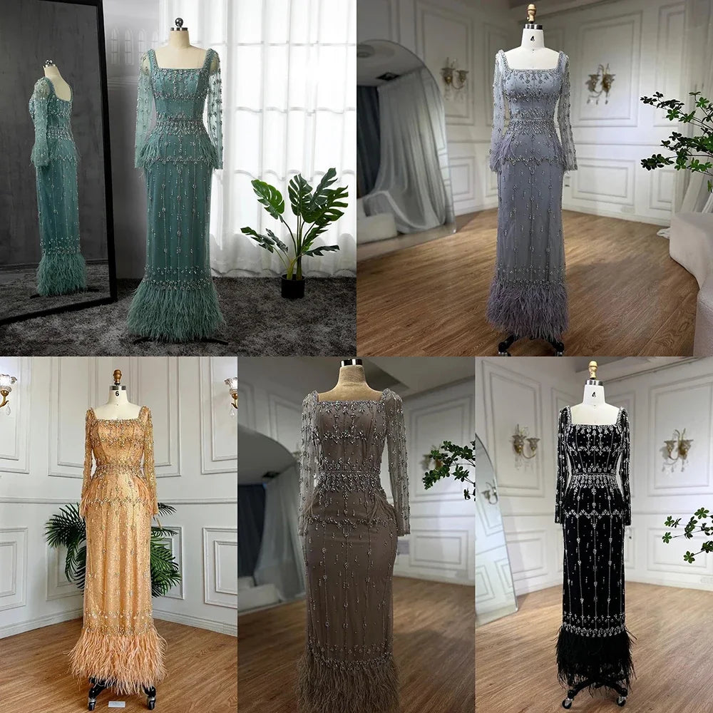 Serene Hill Muslim Turquoise Mermaid Elegant Evening Dresses Gowns 2024 Luxury Beaded Feather For Women Party LA71722