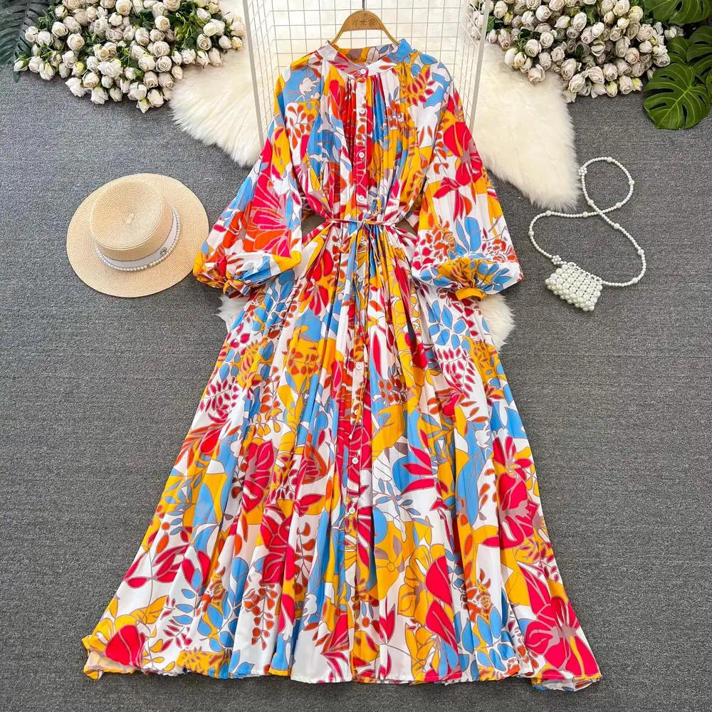 Elegant Women Casual Floral Print Party Dress Vintage Lantern Sleeve A-Line Pleated Prom Birthday Clothes Female Fashion Robe