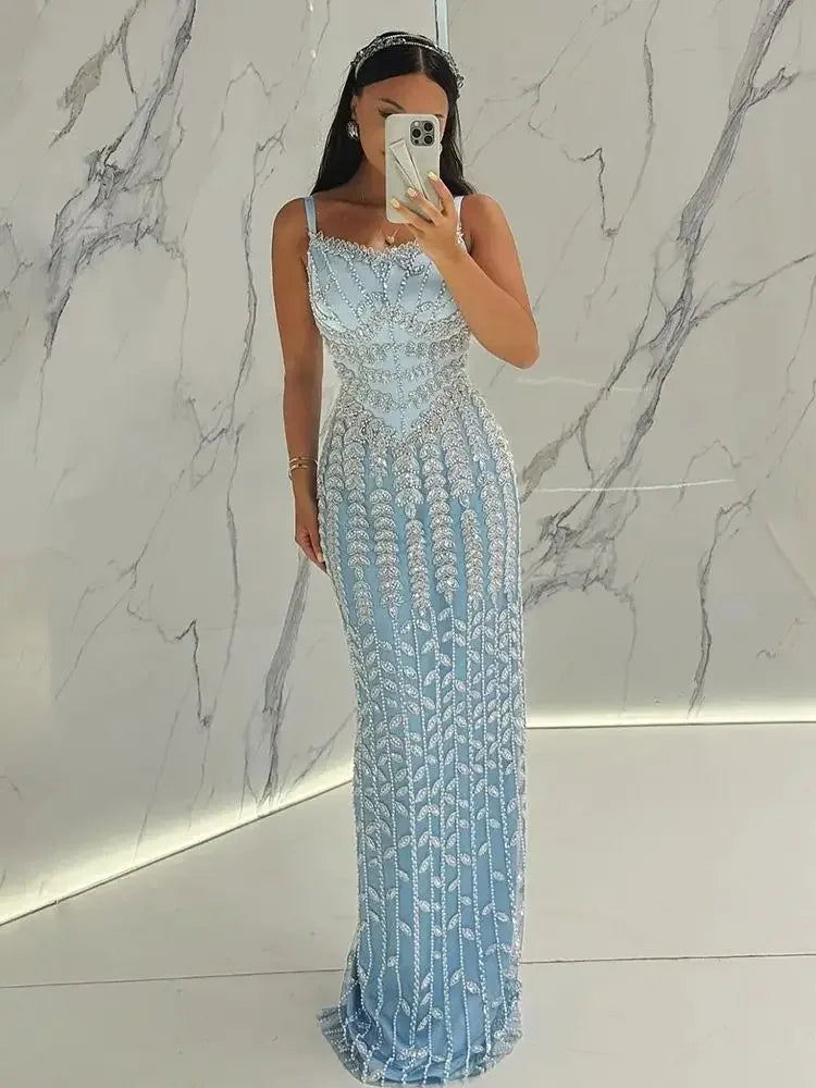 Serene Hill 2024 Arabic Blue Spaghetti Strap Mermaid Gown Luxury Beaded Saudi Evening Dress for Formal Occasion GLA72725
