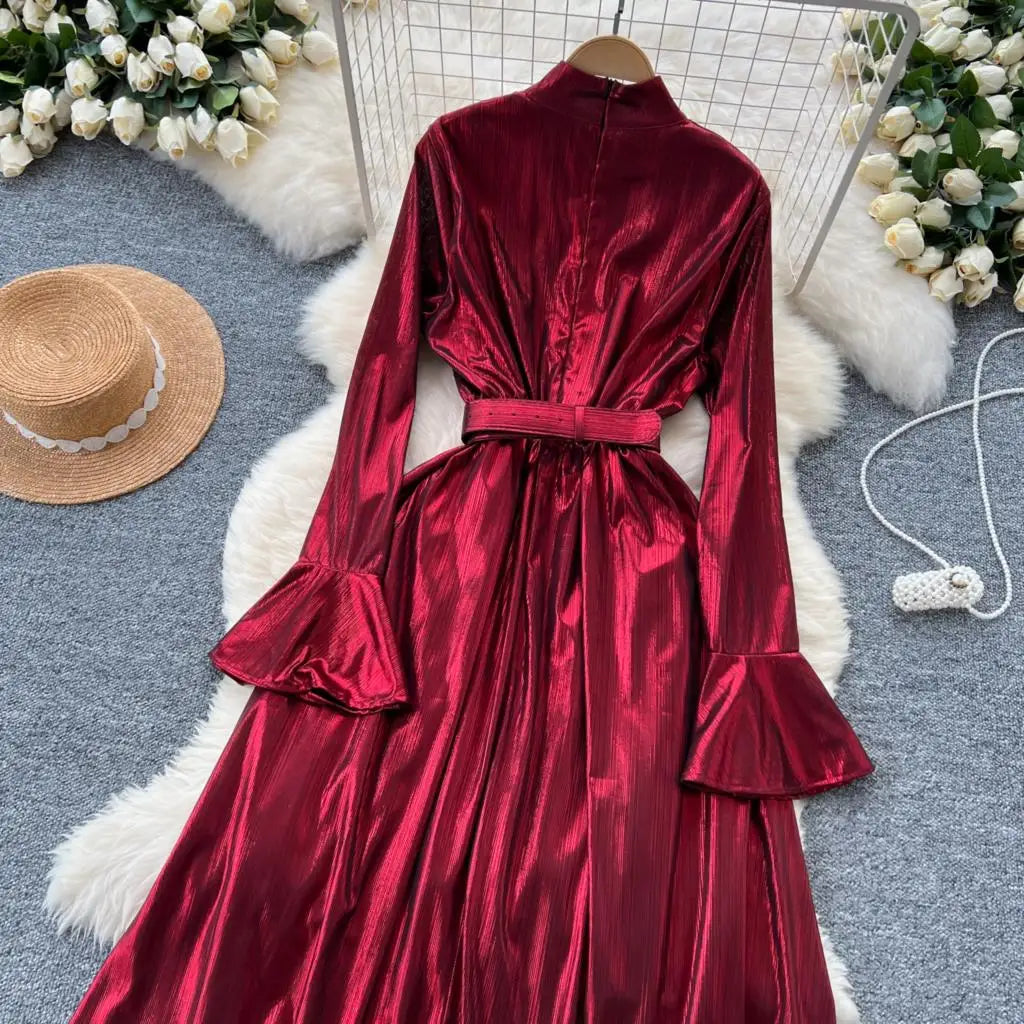Autumn Vintage Pleated Women Long Dress Elegant Stand Collar Solid A-Line Party Prom Vestidos Female Birthday Clothes Mujers