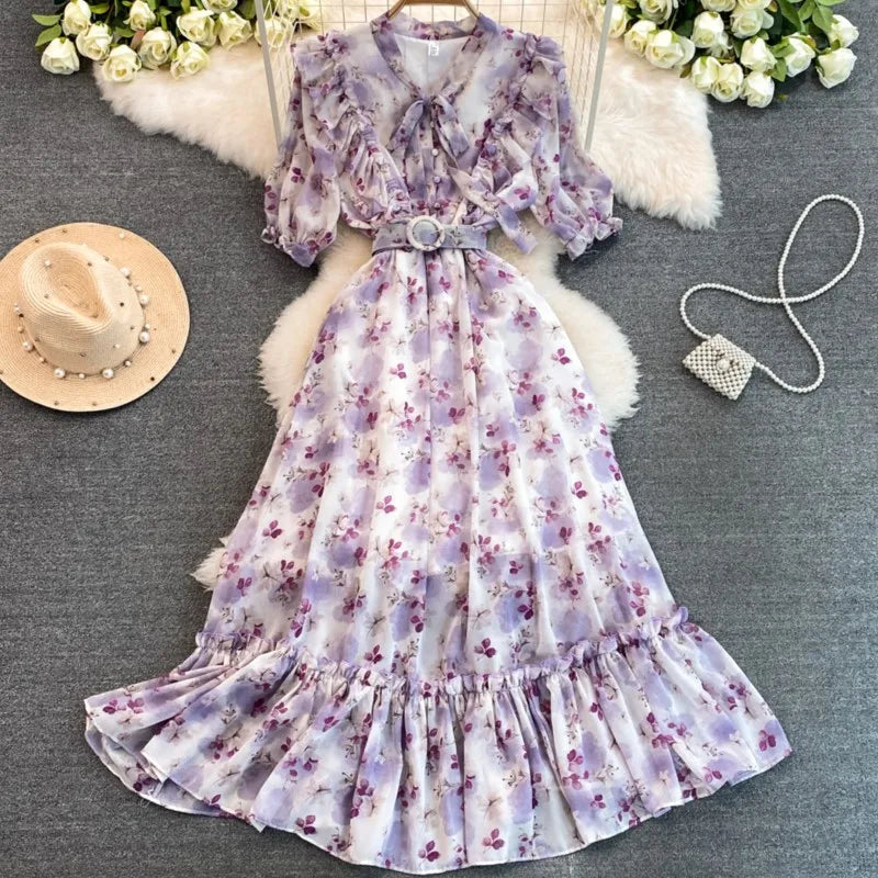 Summer Women Fashion Floral Print Casual Midi Dress Short Sleeve A-Line Maxi Boho Holiday Clothes Female Long Robe Mujers New