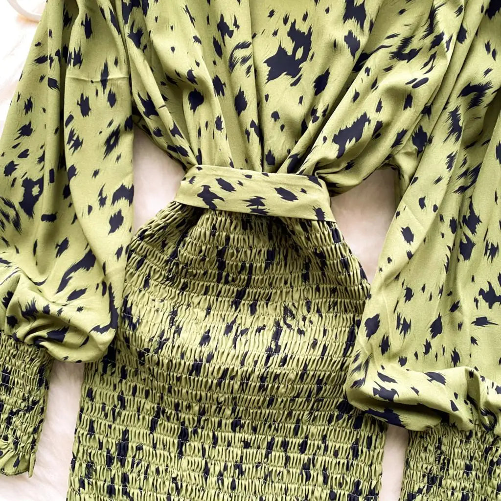 Women Casual Vintage Print Ruffle Long Dress Autumn Elegant V Neck Lantern Sleeve Party Mermaid Dresses Holiday Female Mujer New