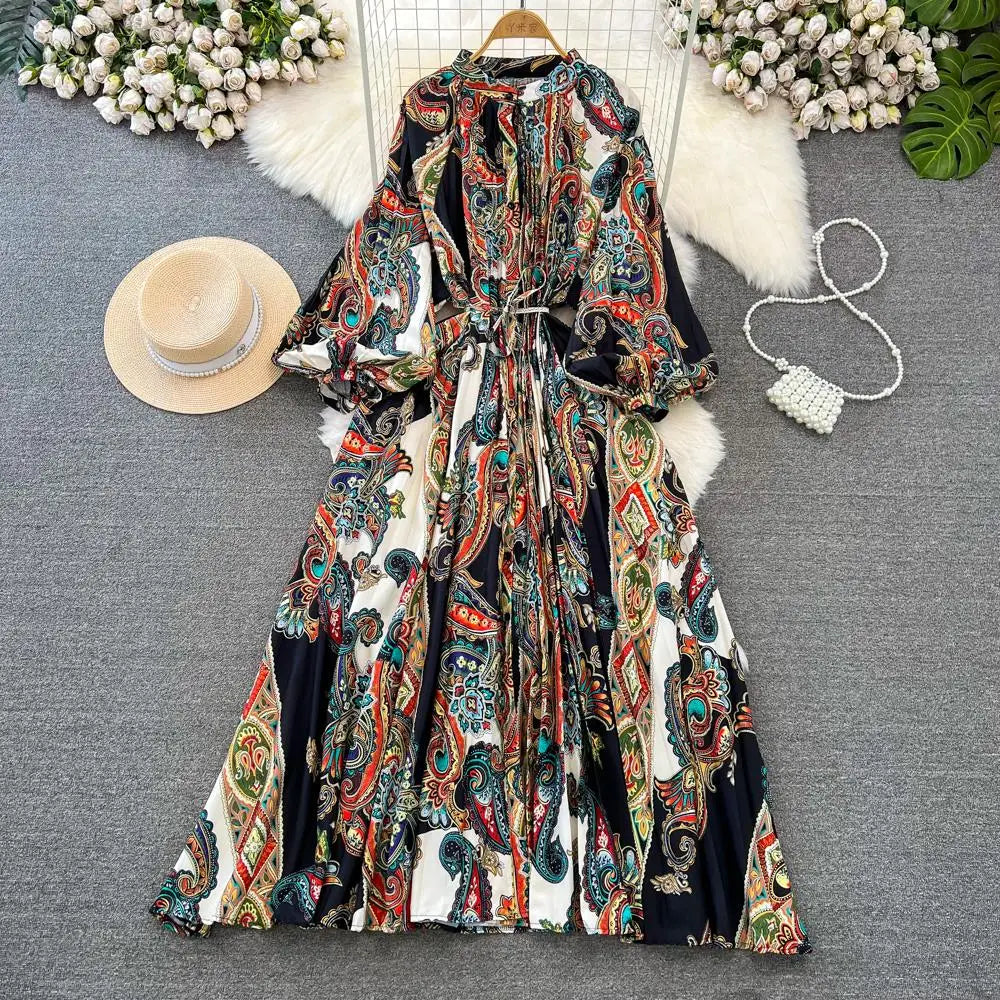 Elegant Women Casual Floral Print Party Dress Vintage Lantern Sleeve A-Line Pleated Prom Birthday Clothes Female Fashion Robe