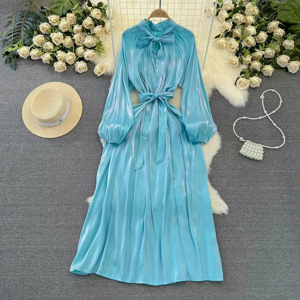 Autumn Elegant Women Fashion Party Long Dress Bow Lace Up Long Sleeve Evening Dresses A-Line Casual Vestidos One Piece Prom Robe