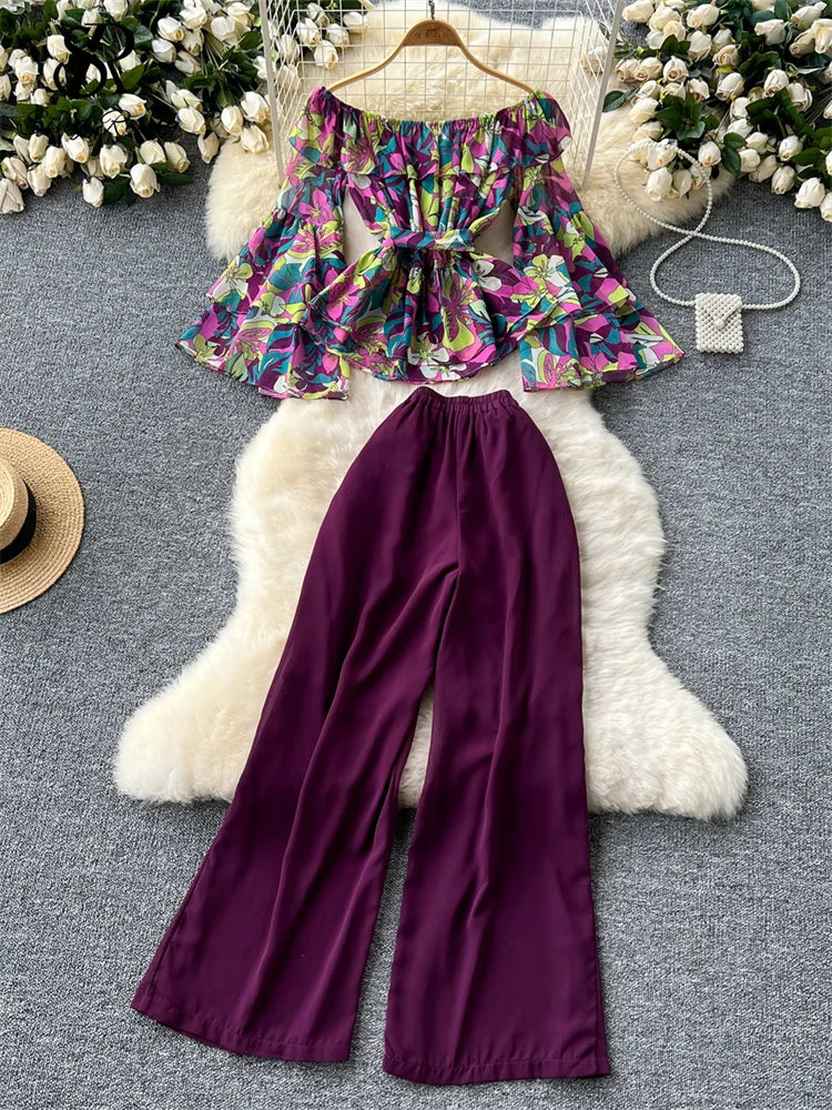 SINGREINY Design Fashion Print Suits Slash Neck Flared Sleeve Chiffon Tops+Zipper Wide Legs Long Pants Casual Two Pieces Sets
