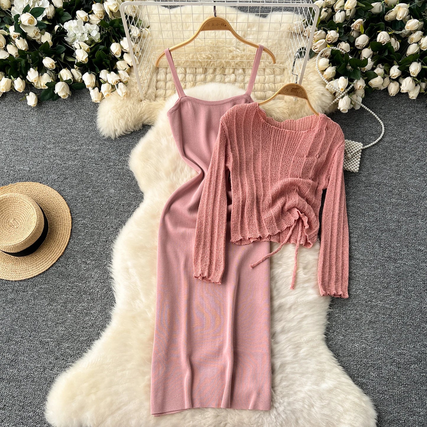 French Vintage Shirring lool sleeve slip knit overcoat with sweet slip A-line Chic Casual Vacation Women Summer dresses