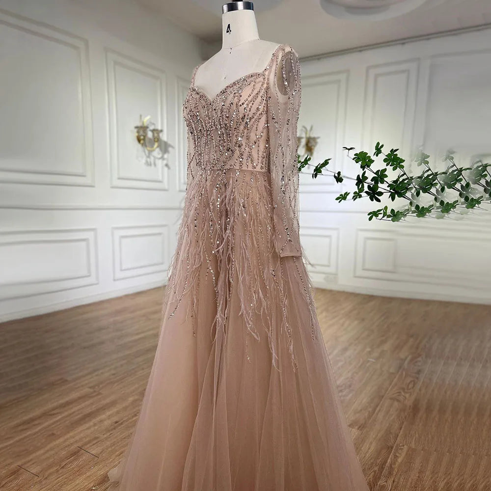 Serene Hill Arabic Red Elegant A Line For Women Long Sleeves Evening Dress Luxury Beaded Handmade Feathers 2024 LA71468