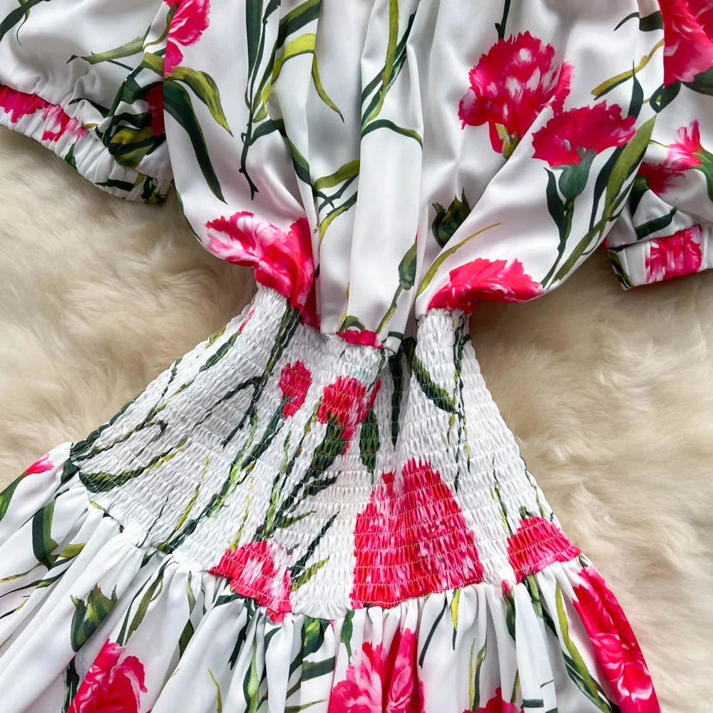 Women Elegant Vintage Floral Print Dress 2023 Summer Short Sleeve Off Shoulder Dress Shirred Elastic Waist Beach Holiday Dress
