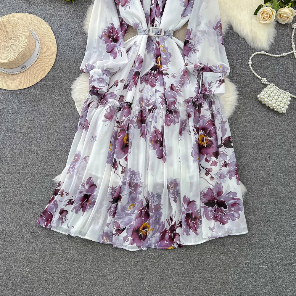 Elegant Casual Women Fashion Floral Print Long Dress Vintage Pleated A-Line Maxi Boho Beach Party Robe Female Clothes Mujers