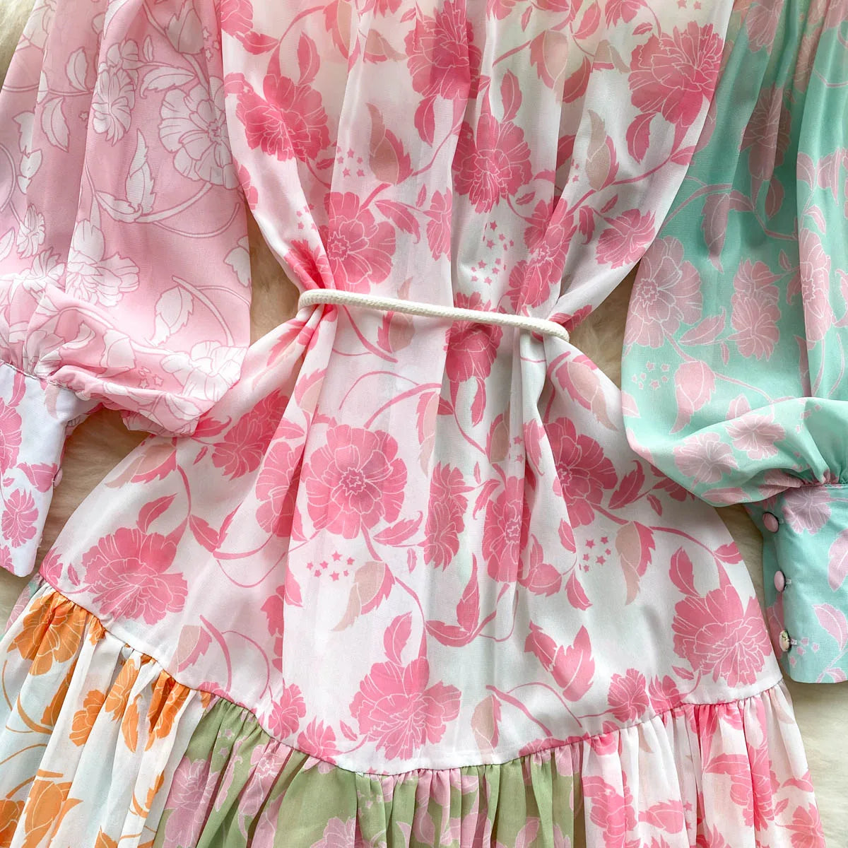 Chic Print Pleated Elegant Lantern Sleeve Dress A-line Casual Lace Up Vacation Party Dress Women Fashion Autumn Spring Vestidos