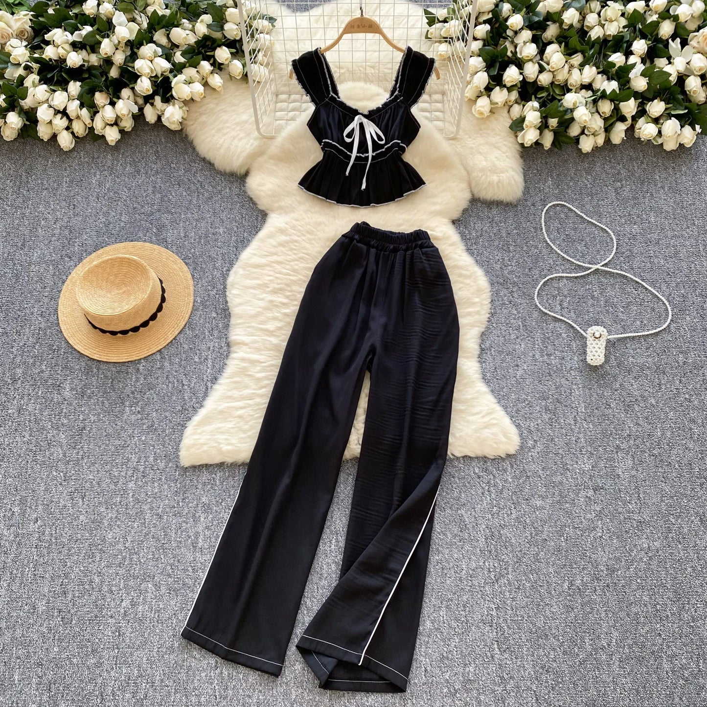 Fashion Womens Two Peice Sets Folds Lace-up Sleeveless Tank + Wide Leg Pants Elastic High Waisted Autumn Suits Ruched Dropship