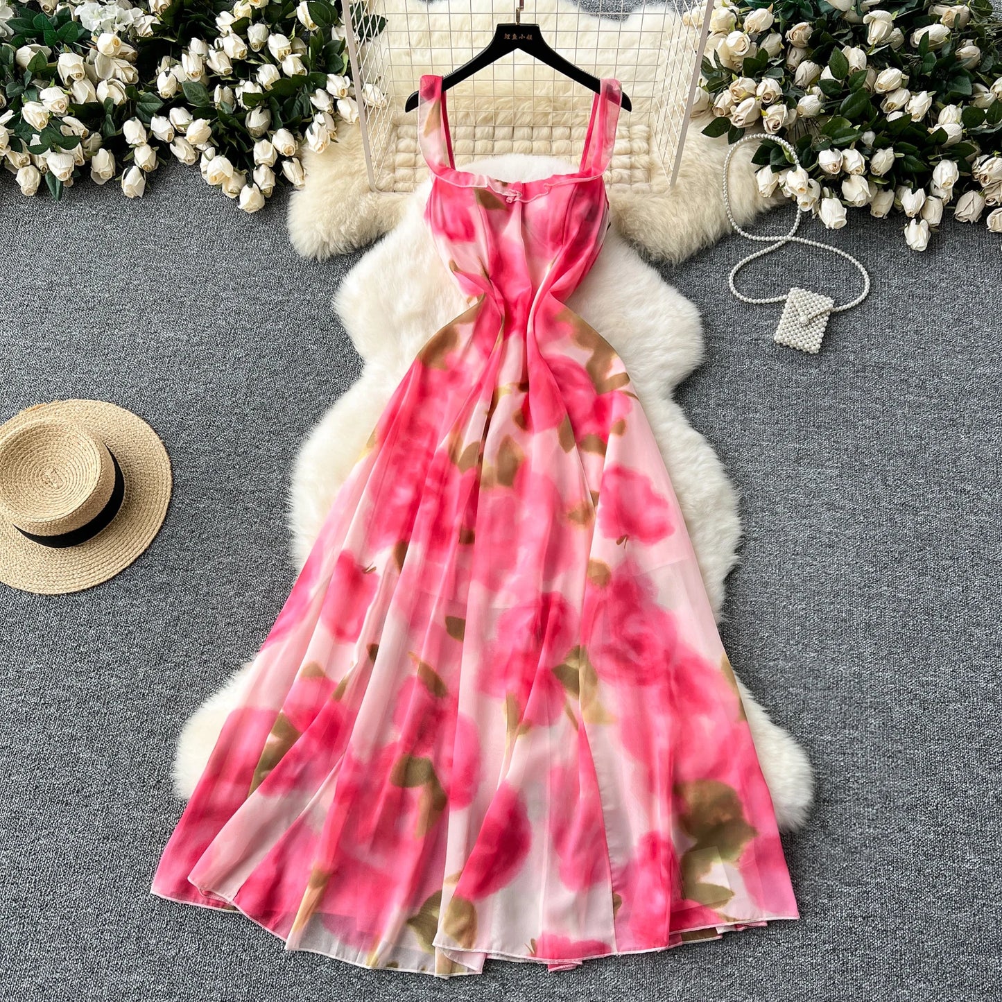 French Elegant Beach Dress Women Rose Print High Waist Chiffon Dresses Ladies Sleeveless Slim A-line Boho Long Robe Vestidos