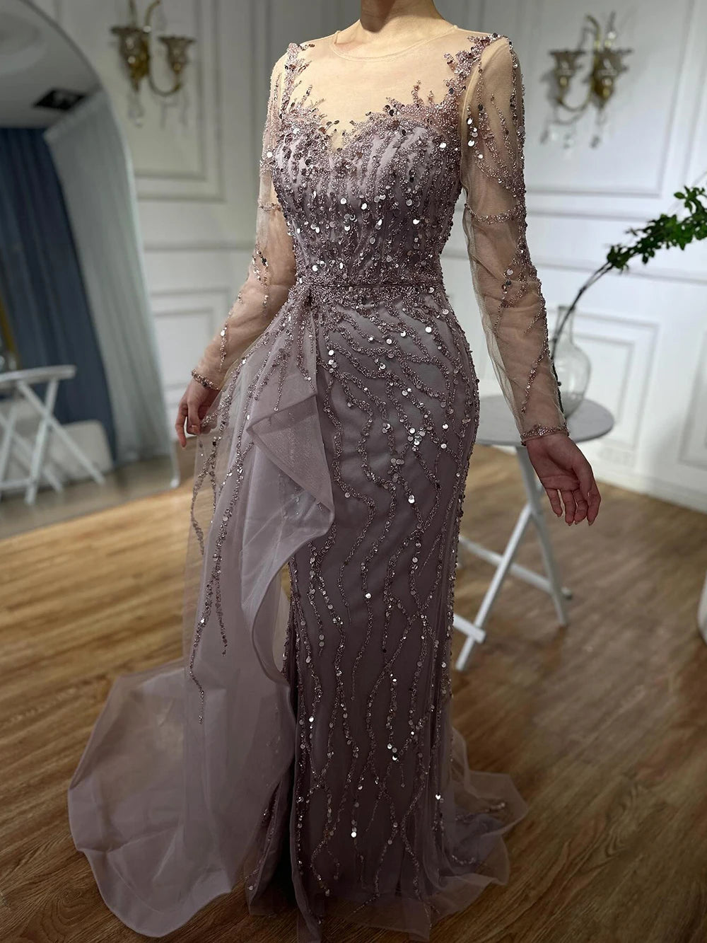 Serene Hill Blue Long Sleevele Elegant Mermaid High Split Evening Dresses 2024 Women Party Gowns with Side Skirt LA72044