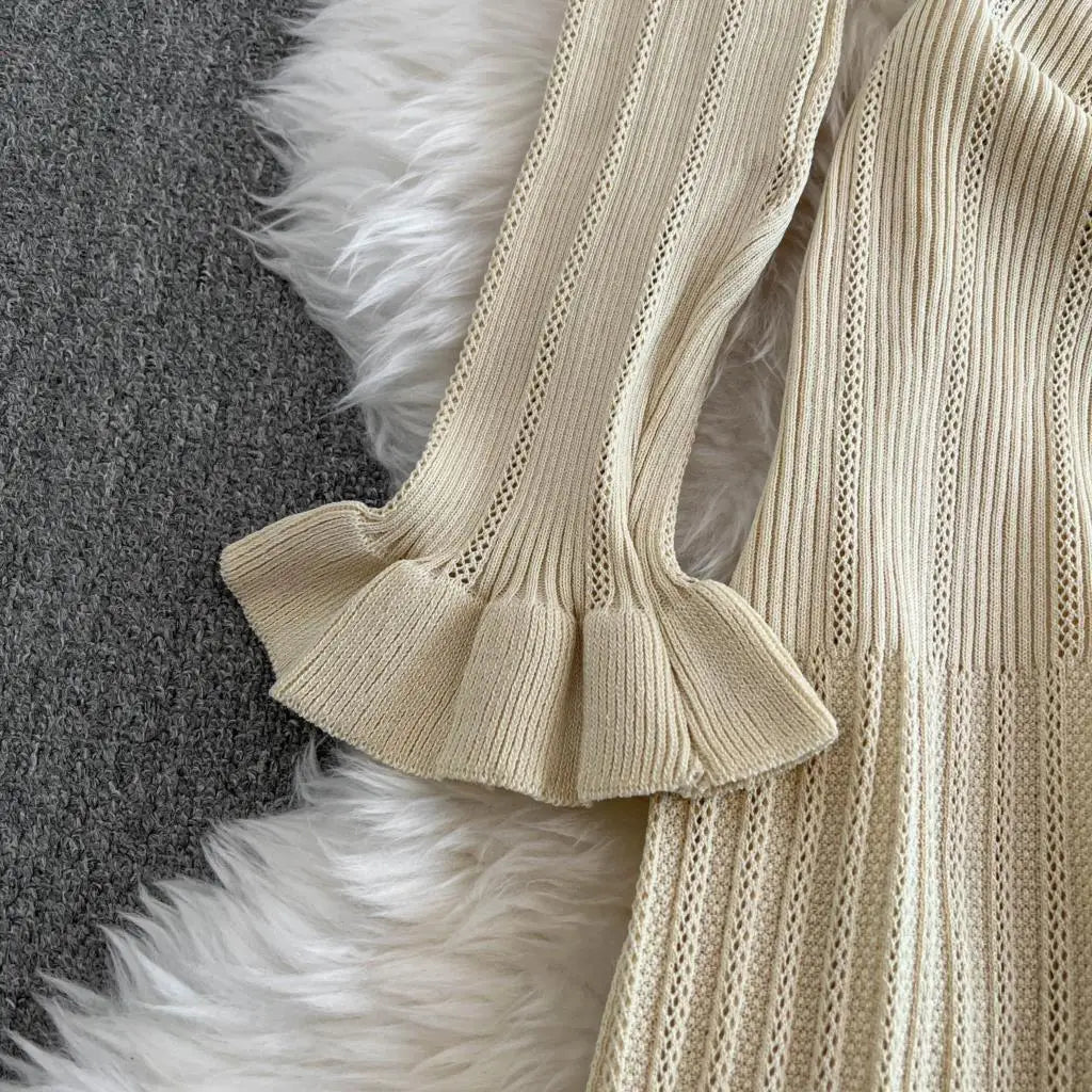 Women Vintage Mermaid Knitted Dress Elegant Casual Single Breasted Bodycon Slim Evening Dresses Female One Piece Clothes Mujers