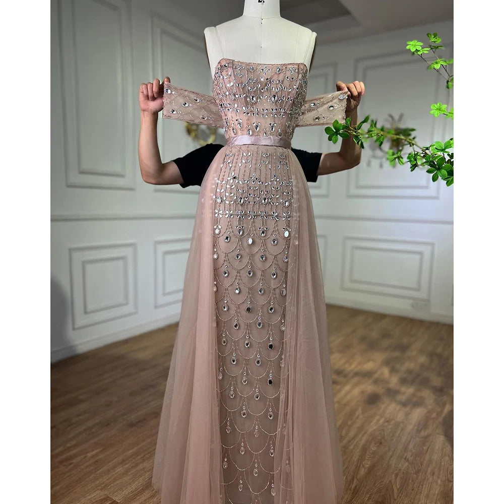 Serene Hill Arabic Caramel Mermaid Strapless With Overskirt Beaded Evening Dresses For Women Wedding Party 2024 LA71922