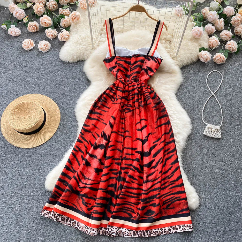 Women Vintage Party Dress Summer Leopard Print Three-dimensional Midi Dresses Ladies Elegant A Line High Waist Long Robe