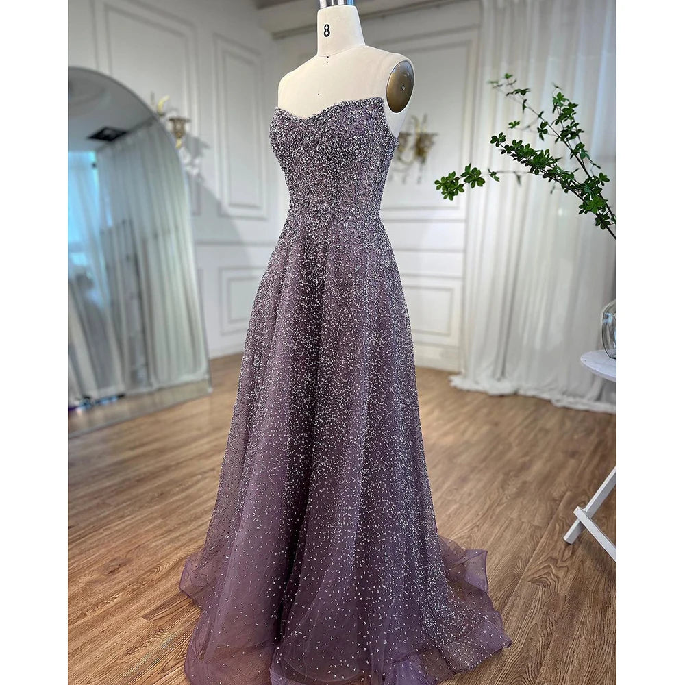 Serene Hill Arabic Luxury Purple A-Line Elegant Strapless Beaded Evening Dresses Long for Woman Wedding Party LA72147