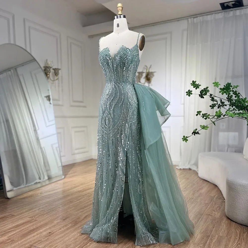 SERENE HILL 2024 Turquoise Spaghetti Strap Luxury Beaded Evening Dresses Mermaid Elegant Overskirt Gown For Women Party GLA72378