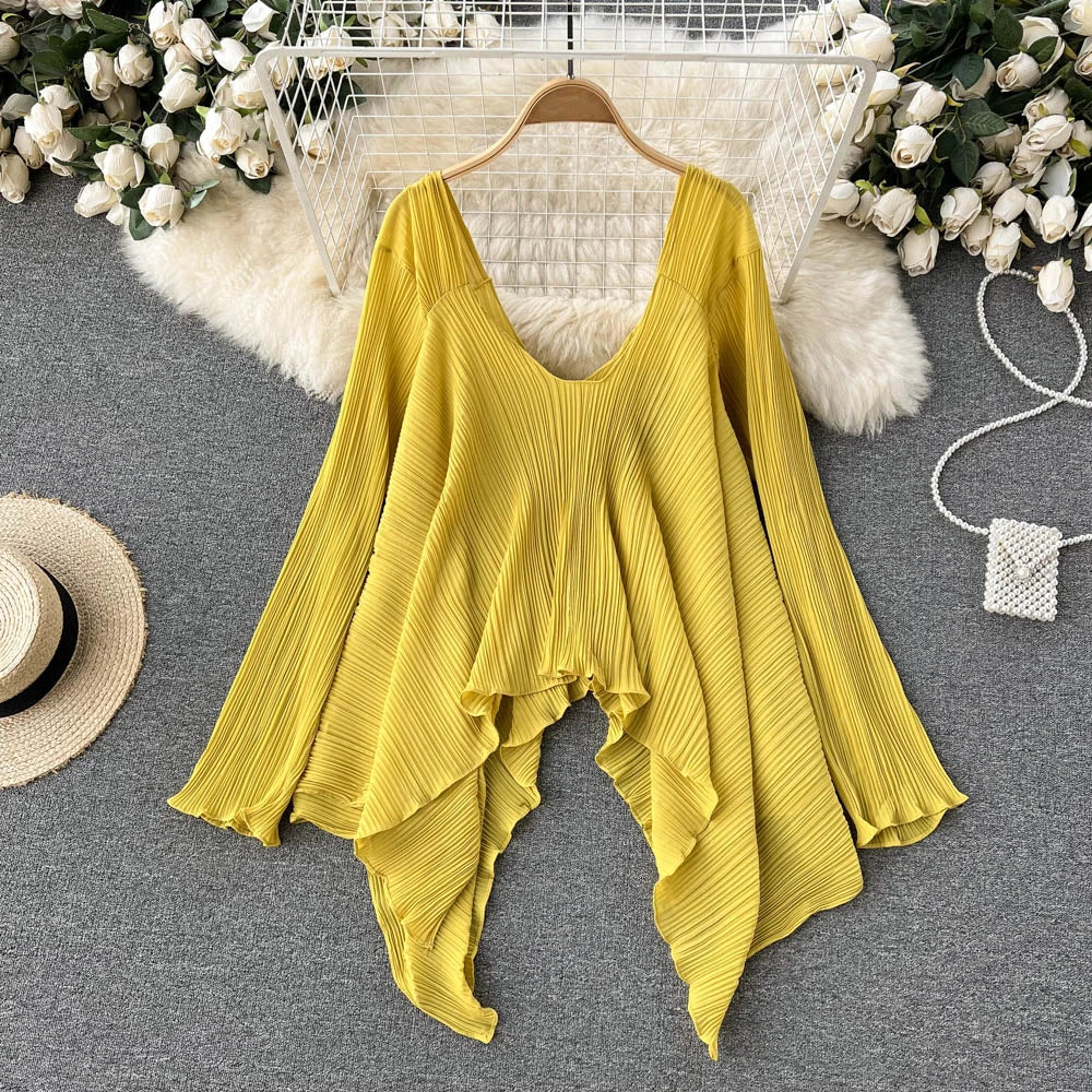 Clothland Stylish Yellow Blouse Set Two Piece Set Irregular Shirt Long Pants Pleated Women Chic Spring Suits TZ234