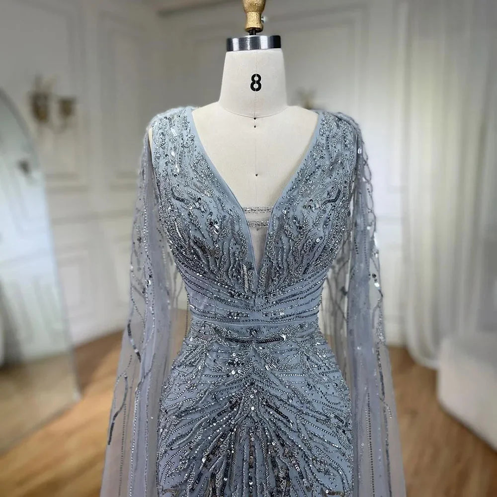 SERENE HILL 2024 Arabic Silver Mermaid Cape Sleeves Luxury Beaded Evening Dresses Formal Long Gowns Women Wedding Party GLA72239