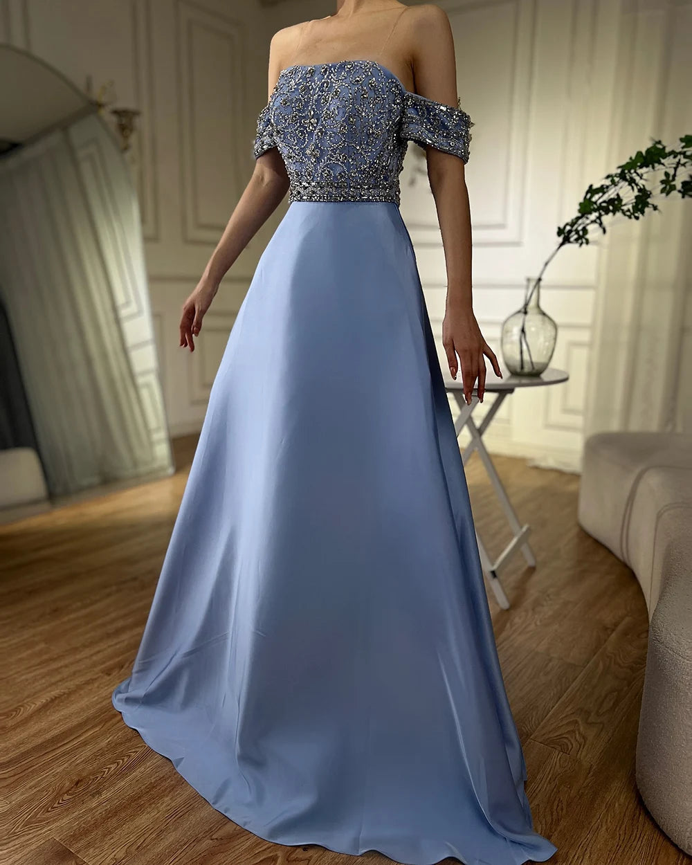 Serene Hill 2024 Saudi Arabic Elegant Blue Off-the-Shoulder A-Line Beaded Long Evening Gown for Formal Occasion LA72753