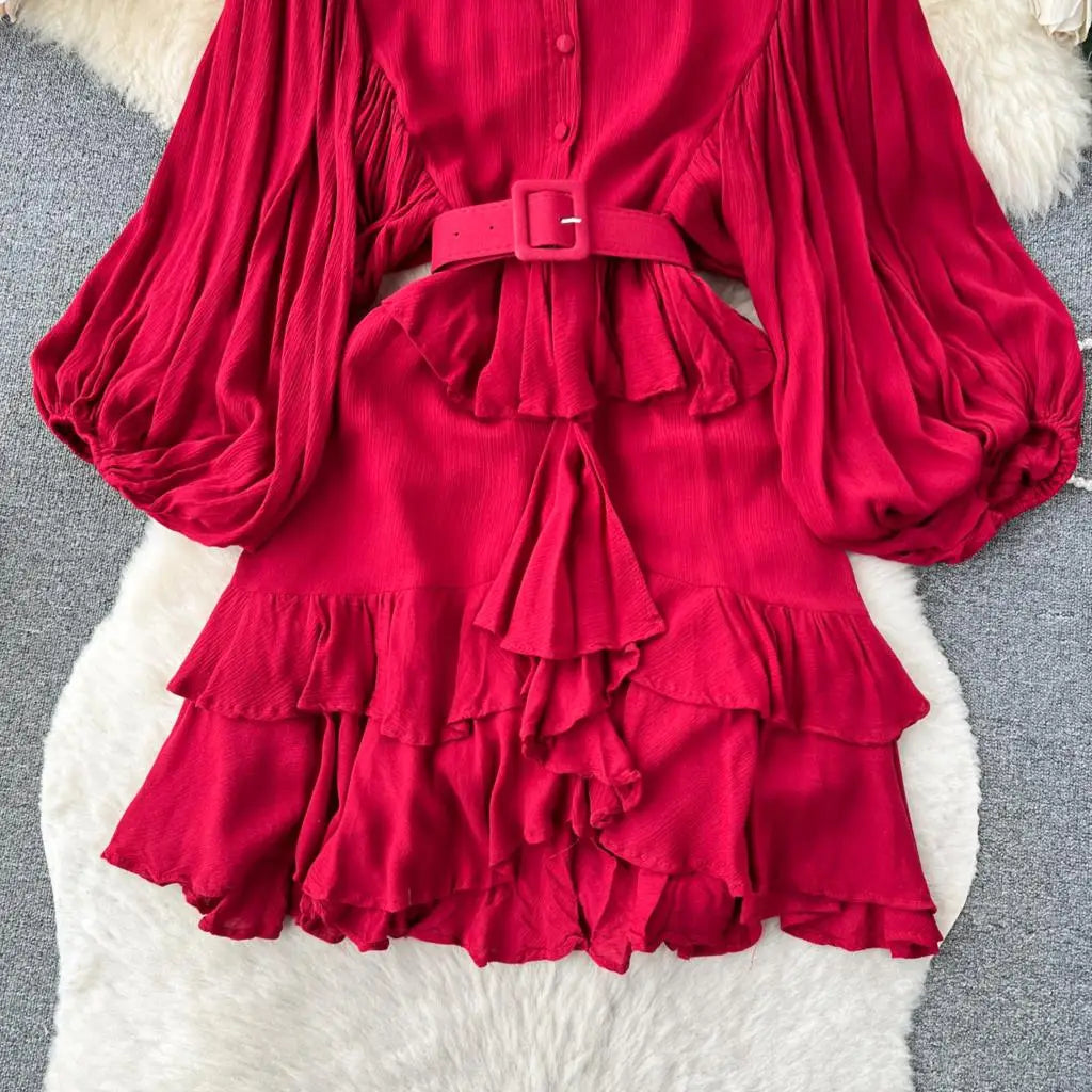 Vintage Puff Sleeve Ruffle Dress Women O-Neck A-Line Elegant Casual Party Prom Dresses Korean Autumn Fashion Female Vestidos New