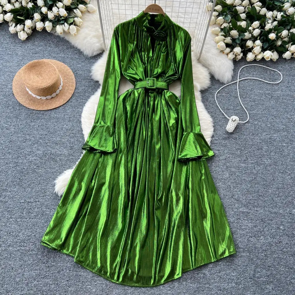 Autumn Vintage Pleated Women Long Dress Elegant Stand Collar Solid A-Line Party Prom Vestidos Female Birthday Clothes Mujers