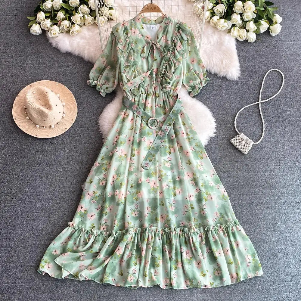 Summer Women Fashion Floral Print Casual Midi Dress Short Sleeve A-Line Maxi Boho Holiday Clothes Female Long Robe Mujers New