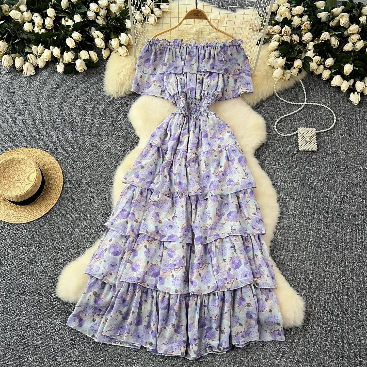 French Vintage off shoulder short sleeve ruffle Dress Chic Casual Beach Vacation Women Summer chiffon dresses