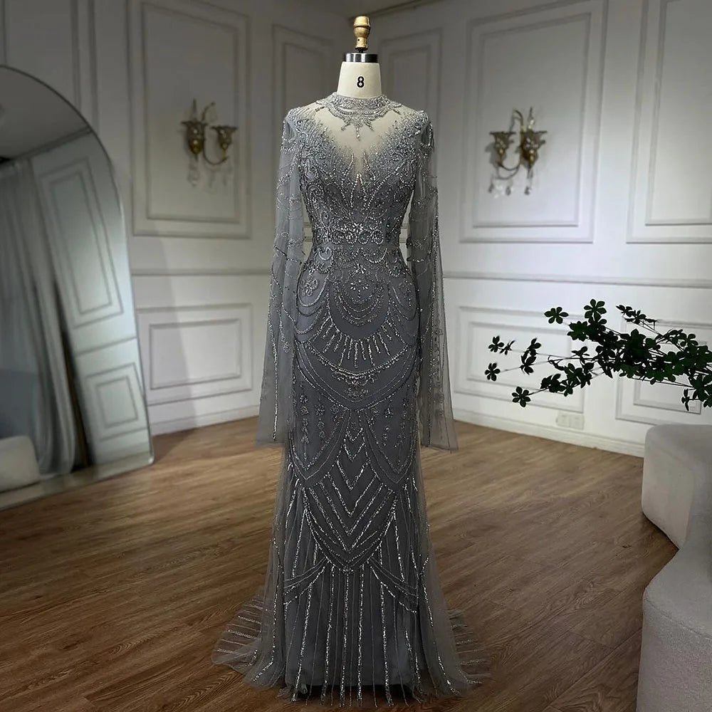 Serene Hill Dubai Gray Elegant Mermaid Beaded Lace Arabic Luxury Evening Dresses Gowns 2024 for Women Wedding Party LA72517