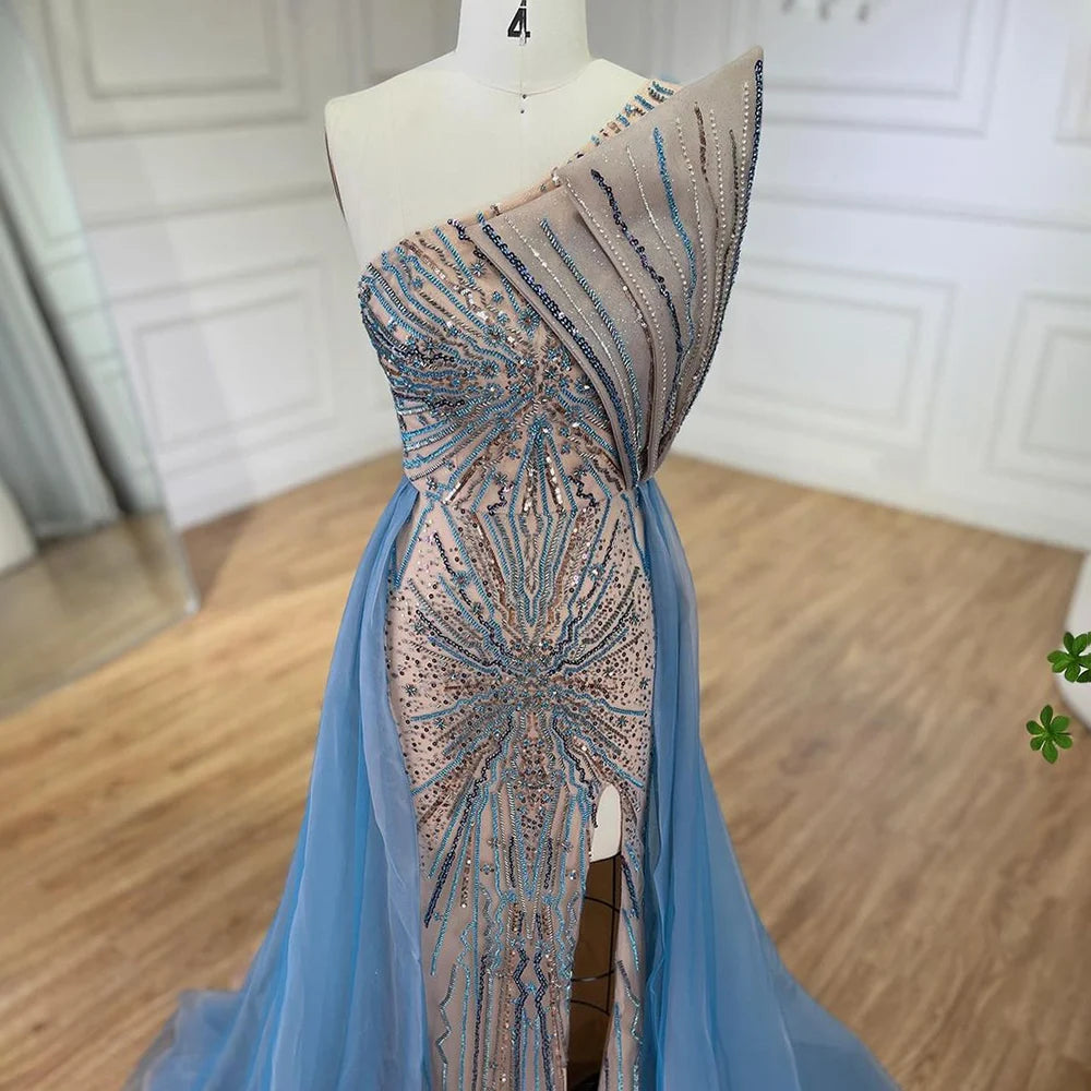 Serene Hill Blue High Split With Overskirt Mermaid Luxury Beaded Dubai Evening Dresses for Women Wedding Party 2024 LA71921A