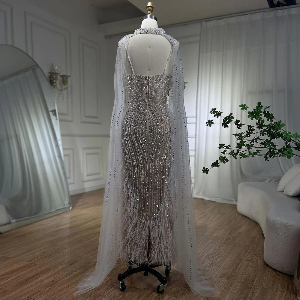 SERENE HILL 2024 White Nude Mermaid Beaded Feathers Luxury Evening Dresses Midi Gown With Cape For Women Wedding Party GLA72047A