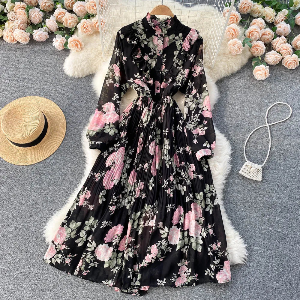 Retro Floral Print Pleated Elegant Chiffon Maxi Dress A-line Fashion Beach Vacation Party Dress Women Summer Spring Vestidos