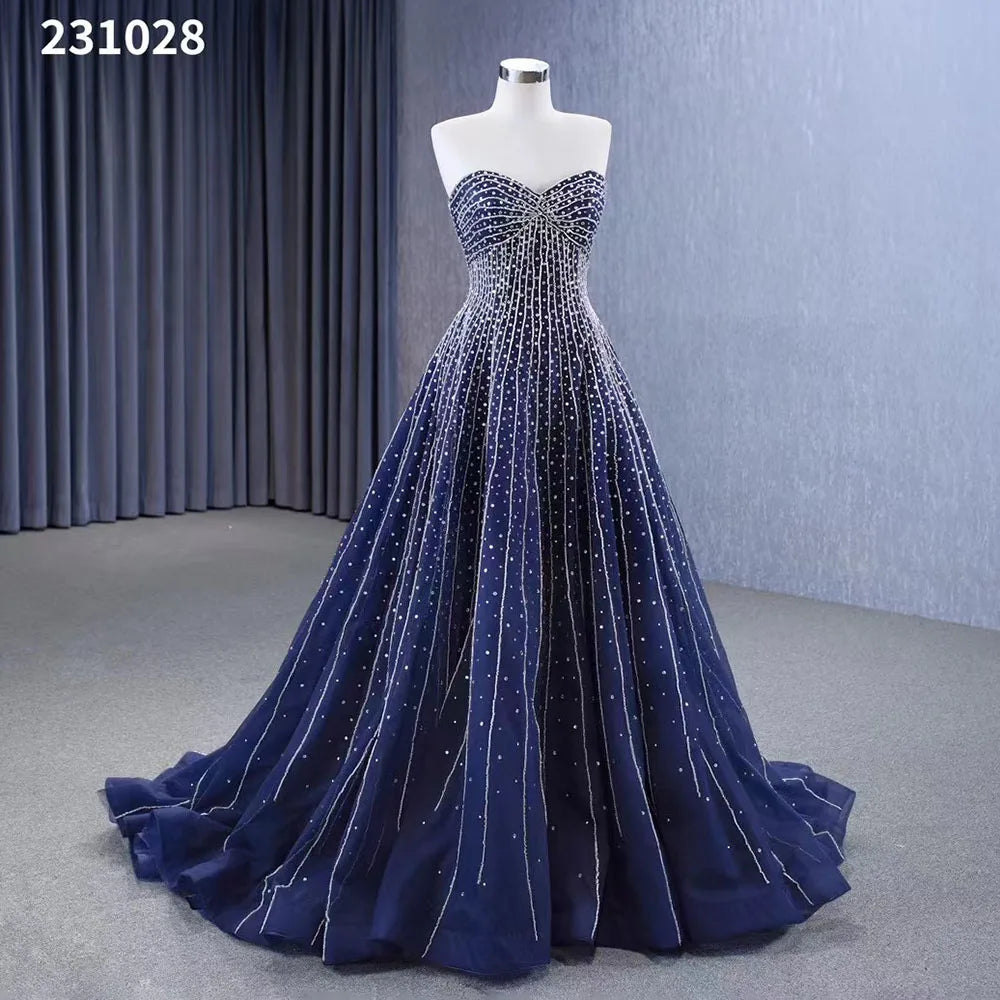 Serene Hill Navy Blue High End Strapless Crystal Beaded Luxury Pearls Lace Up Bride Gowns Wedding Dress Custom Made HM23102