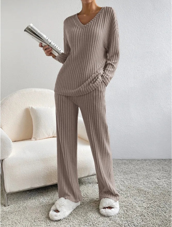 Pit striped Knitted Two Piece Set for Women Spring Solid Casual 2-piece V-neck Pullover Sweater+Straight Leg Pants Trendy Female