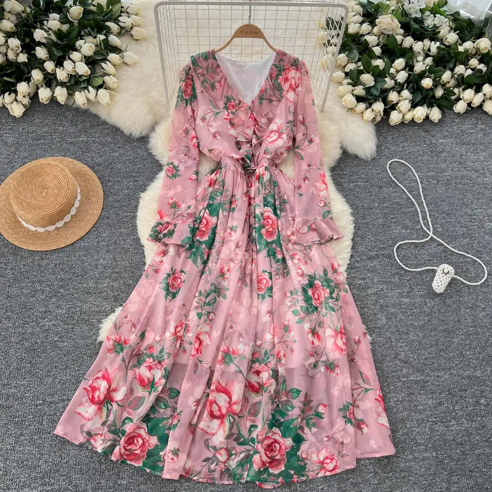Women Elegant Floral Print Dress for Women Vintage V-Neck Long Sleeves Chiffon Slim A-Line Vestidos Mujer Autumn Female Clothes