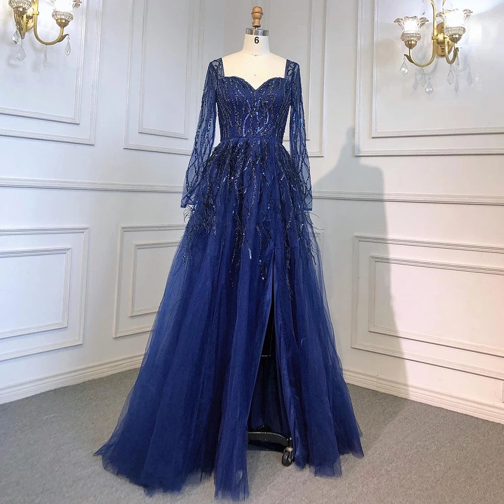 Serene Hill Arabic Red Elegant A Line For Women Long Sleeves Evening Dress Luxury Beaded Handmade Feathers 2024 LA71468