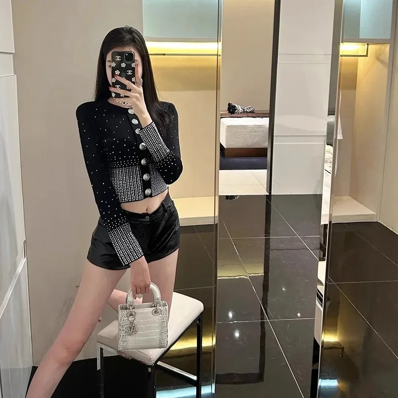 Rhinestone Decoration Knitted Cardigan Women Stylish Elegant Sweater Cropped Knit Jacket Single-breasted Chic Thin Coat Spring